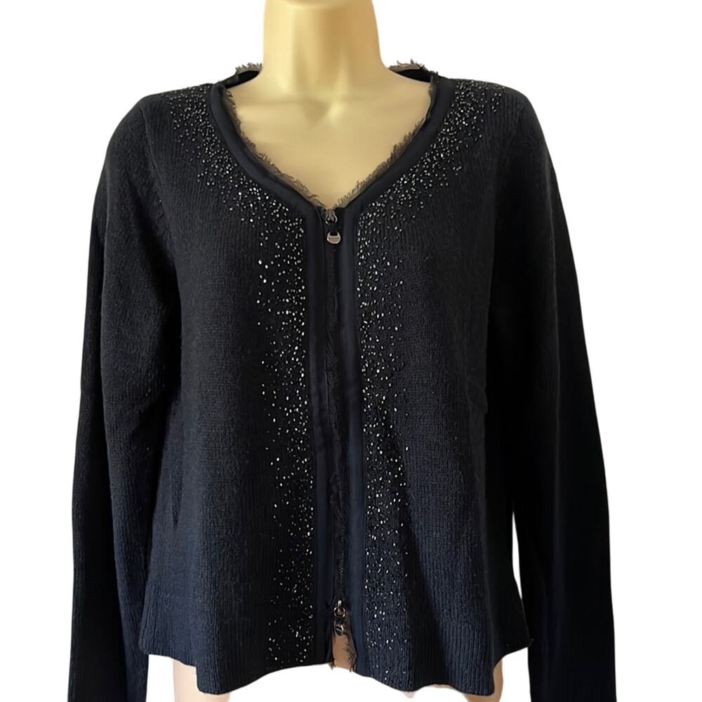 Martin & Osa Dark Navy Blue Beaded Zip Front Cardigan Sweater